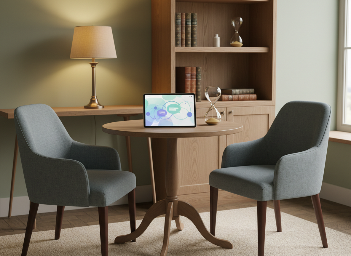 An intimate photographic scene symbolizing personalized accompaniment for physicians: a tidy corner of an office with a small round table, two opposing empty chairs, and a tablet on the table showing an abstract conversation interface without visible text. Nearby, a shelf holds a few carefully chosen medical books and a sand timer, hinting at time and reflection. Soft, warm lamp light mixes with gentle natural light from a nearby window, creating a balanced, welcoming glow and soft shadows. Photographic realism, shot at eye level with a slightly off-center composition to draw the eye toward the empty chairs. The atmosphere feels safe, confidential, and supportive, evoking one-on-one mentoring and thoughtful professional guidance.