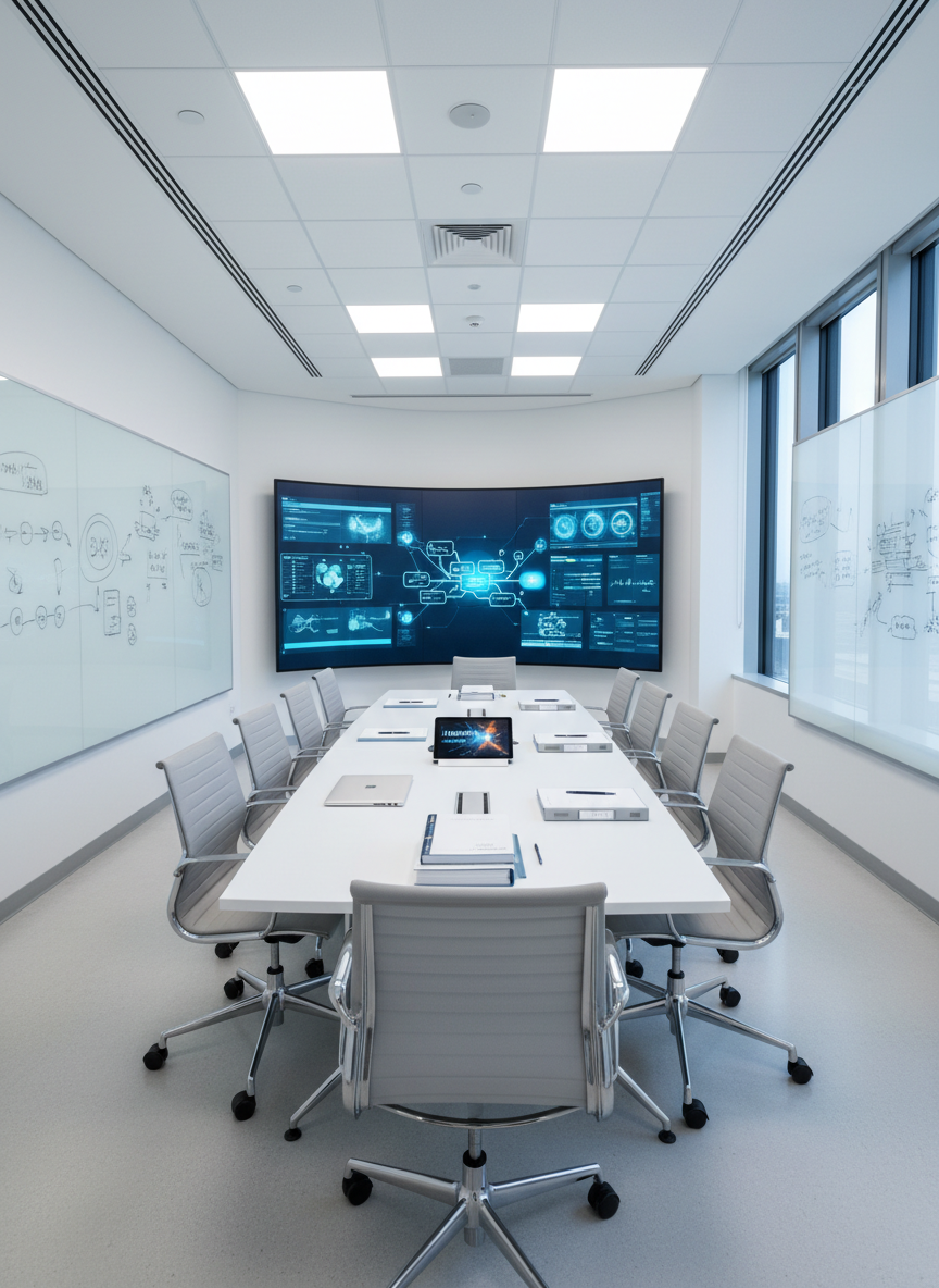 A serene, technology-equipped medical training room, empty of people, with a central white conference table surrounded by ergonomic chairs. On the table rests a closed laptop, a tidy stack of course materials, and a digital tablet displaying an abstract flow of a learning pathway. Along one wall, a large screen shows blurred charts and diagrams, while the opposite wall holds glass whiteboards filled with faint, non-legible sketches and arrows. The space is bathed in bright, neutral overhead lighting combined with soft daylight from tall windows, creating a crisp, clinical ambiance. Photographic realism, wide-angle lens capturing the entire room with sharp focus. The mood is professional, purposeful, and collaborative, ideal for medical team training and guided accompaniment.